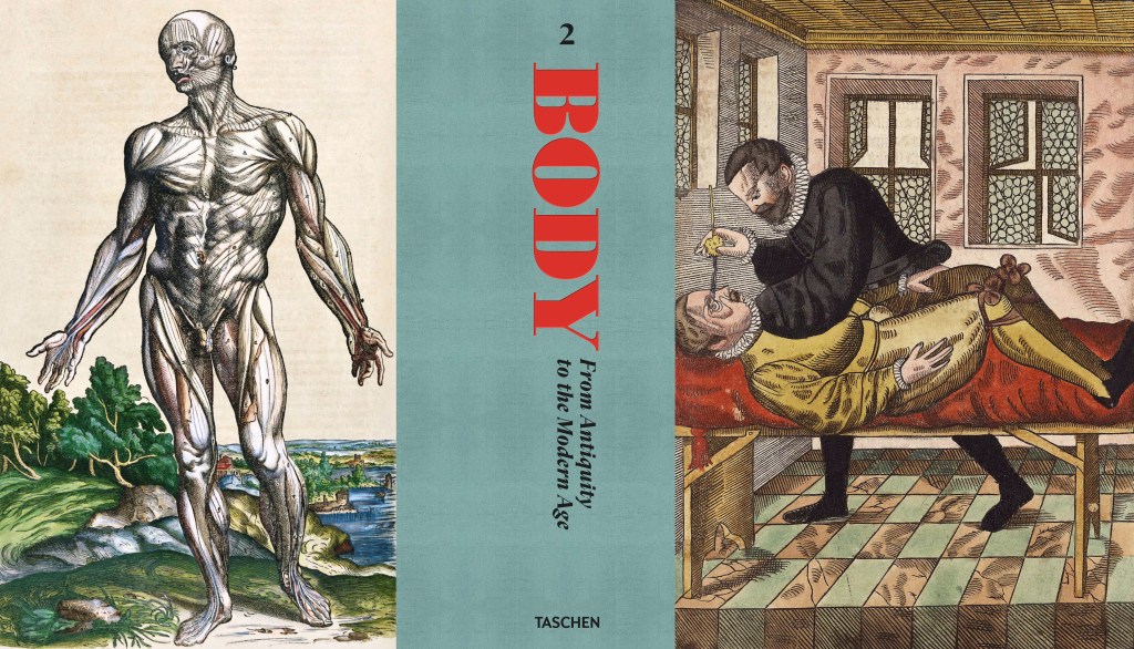 An illustration of a detailed anatomical figure on the left, a book titled 'BODY From Antiquity to the Modern Age' in the center, and an old medical scene depicting a doctor examining a patient on the right.